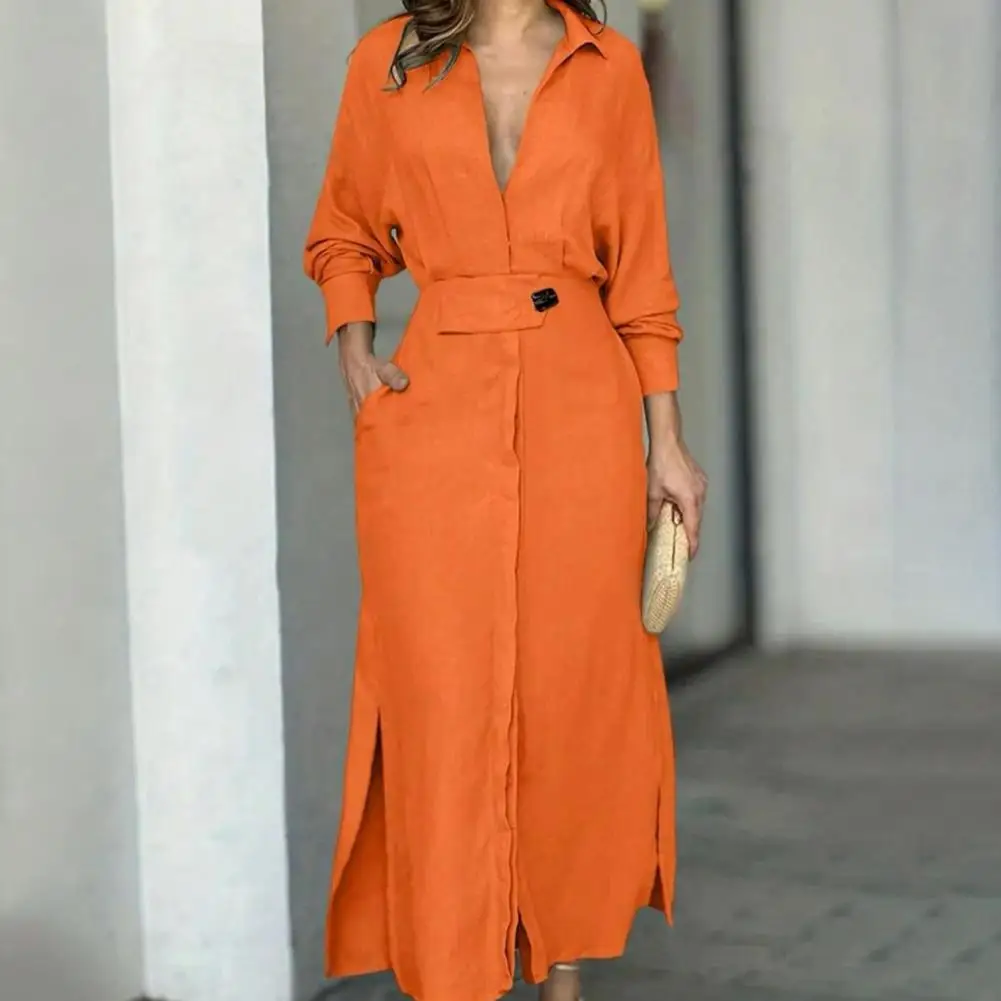 Women Belt Long Shirts Dress Deep V Neck Tight High Waist Side Split Party Dress Female Casual Long Sleeved Maxi Dress Vestidos