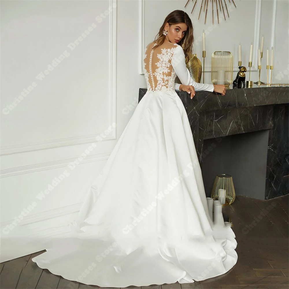 Elegant Long Sleeves Wedding Dresses Sweetheart Collar Mopping Length A-Line Bridal Gowns Newest Custom Made Vestidos De Noivas