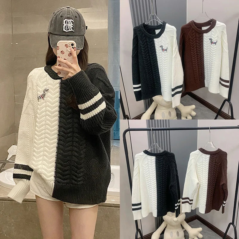 Fashion Brand Versatile Loose Wool Knit Casual Women's Sweater Color Patchwork Puppy Design Stripes Elegant O-collar Pullover