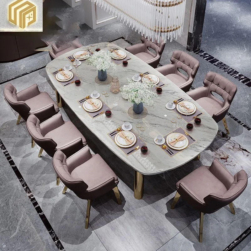 

Marble dining table and chair combination light luxury modern simple stainless steel household dining table small family type on