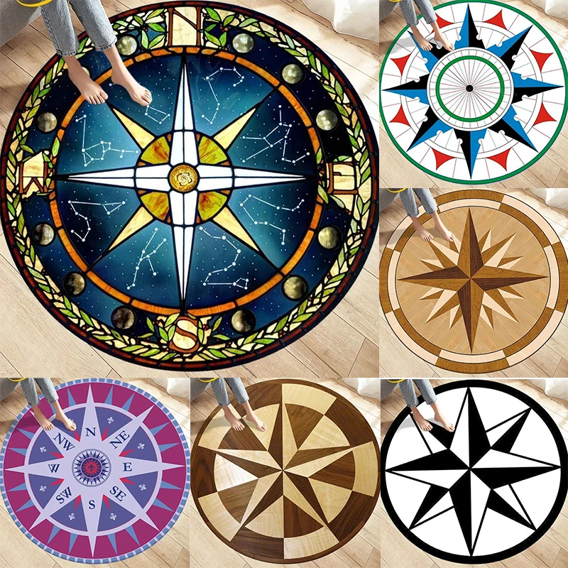 Compass Patterned Round Rug with Nautical Star Design Floor 