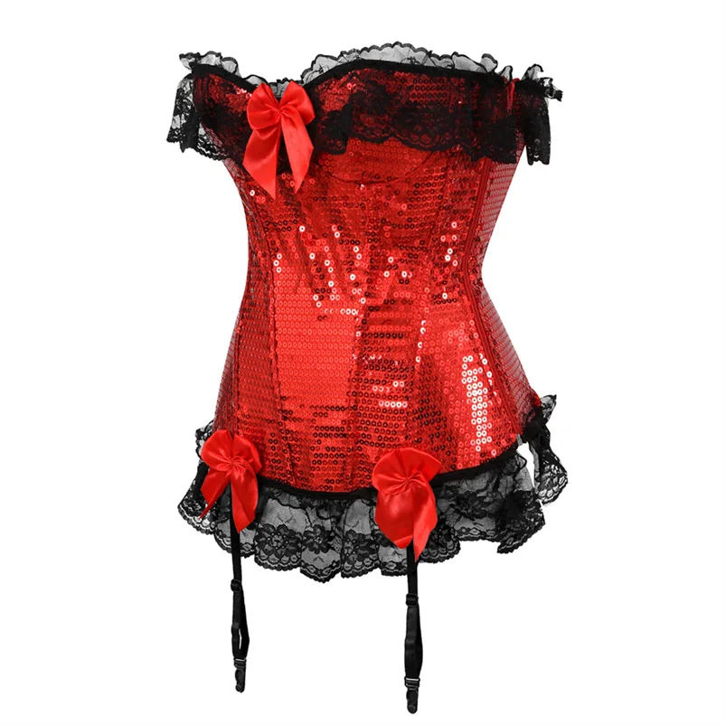 Gothic Red Corset for Women Sexy Lace Corset with Garters Vintage Lace Up Corset Top Sequin Sliver Bustier Overbust