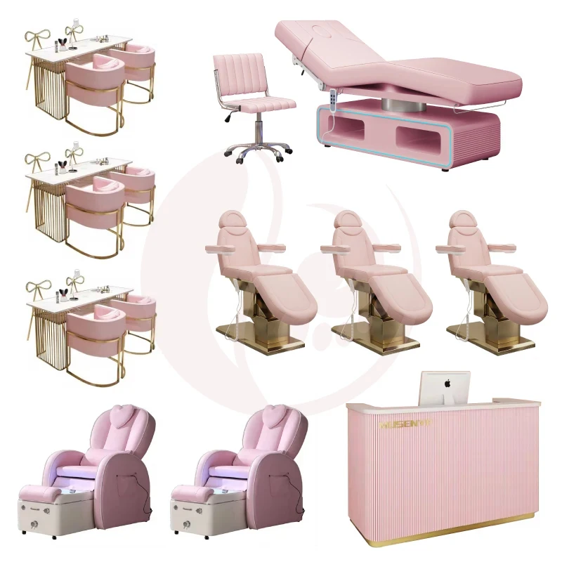 Beauty Salon Equipment pink Massage Chair Spa Bed Beauty Cosmetic Table Multi Function Nail Salon Furniture Set