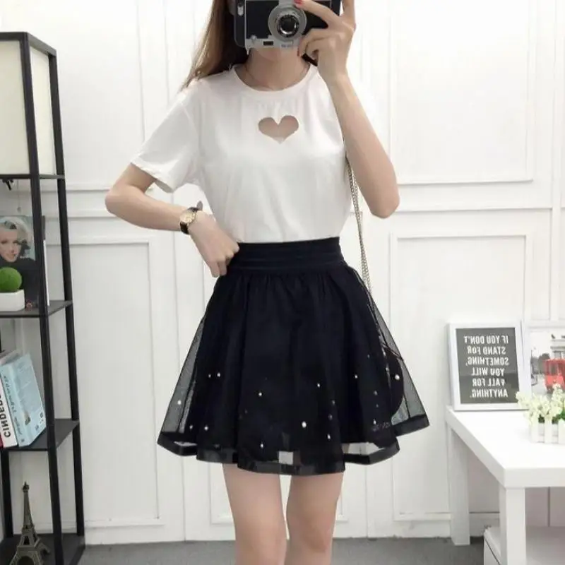 Summer New Elastic High Waist Skirt Women All-match A Line Shaggy Short Skirt Black Mesh Lace Pleated Pure Color Young Fashion