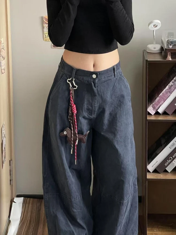 HOUZHOU Vintage Washed Women Cargo Jeans High Waist Wide Leg American Style Denim Pants Baggy Trousers Y2k Casual High Street