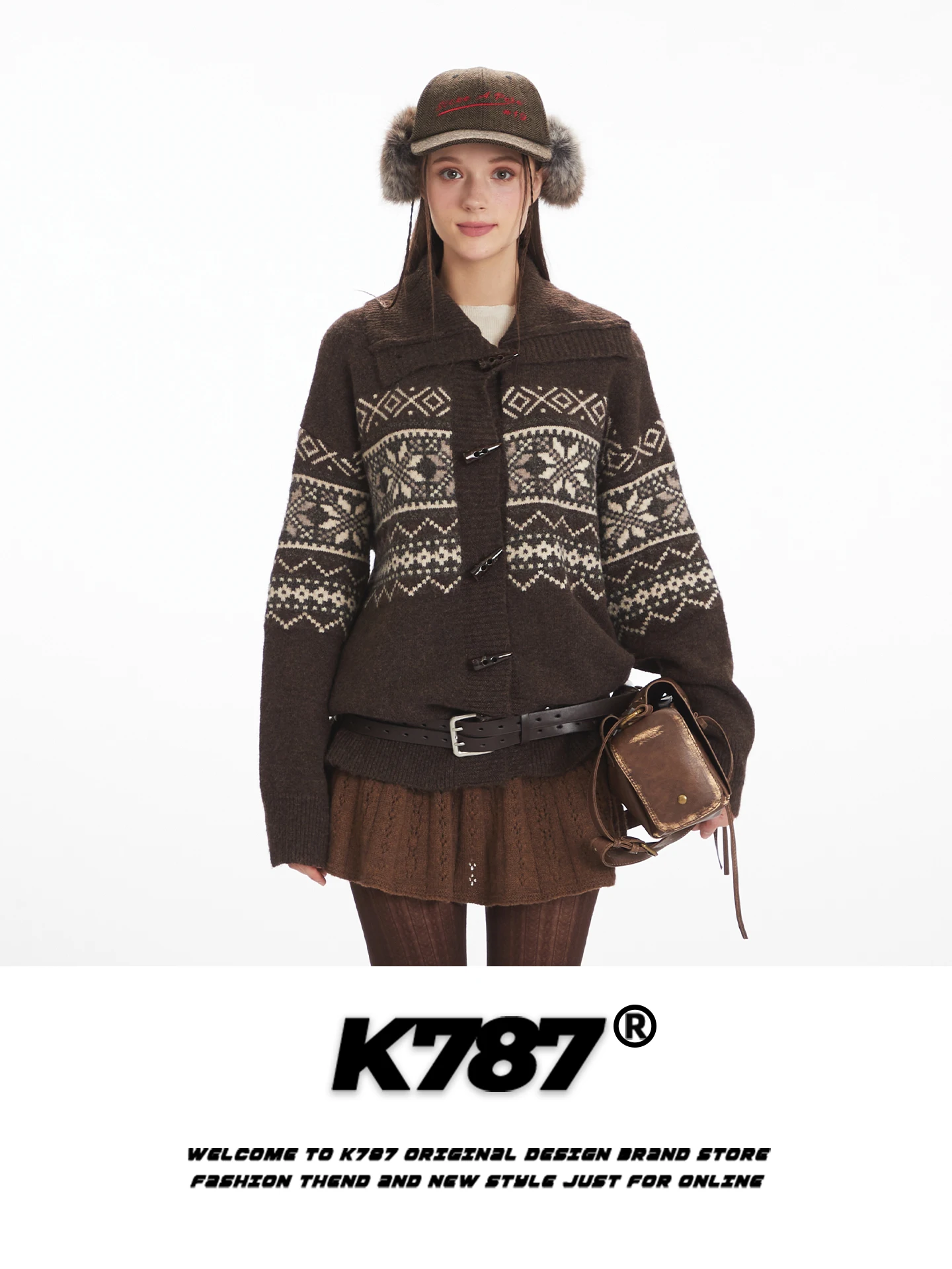 

American Retro Fair Isle Knit Sweater Women's Loose Casual Sle Warm Winter Outerwear with Collar Autumn Winter Lazy Sle