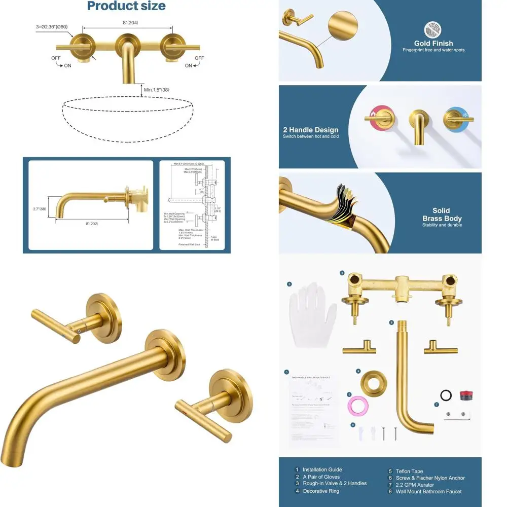 

Gold High Flow Wall-Mounted Faucet with Stainless Steel, Long Spout and Widespread Design for 3-Hole Bathroom Sinks