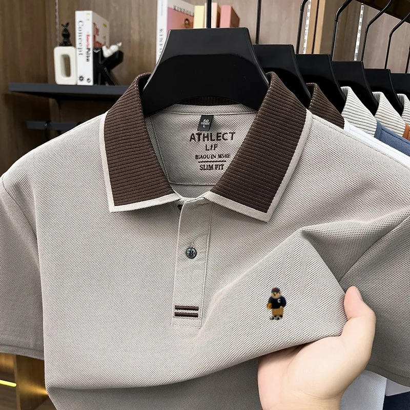 Luxuriöses 100% Baumwoll-Kurzarm-Poloshirt für Herren, neuer Trend, Marken-Cartoon-Bären-Stickerei, atmungsaktives, bequemes, lässiges Sommer-T-Shirt – Detail 12
