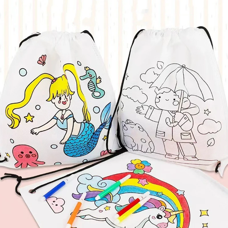 Drawstring Bag Painting Set 5/10PCS Cute Cartoon Pattern Backpack with Colorful Pens  Festival Party Souvenir School Rewards ZYF
