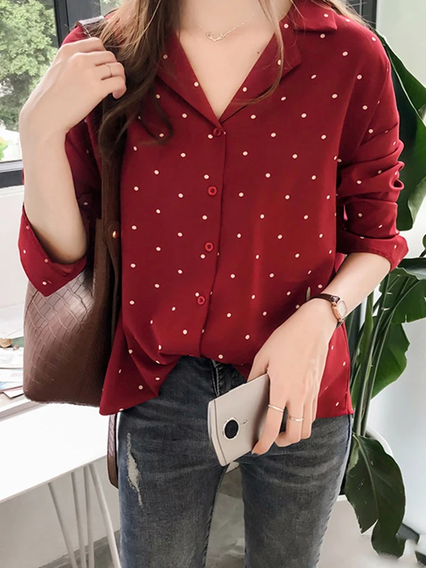 

Polka Dot Print Loose V-Ne Long Sve Chiffon Top Street Sle Loose Fit irt for Women 8-24 Years Old Spring Season