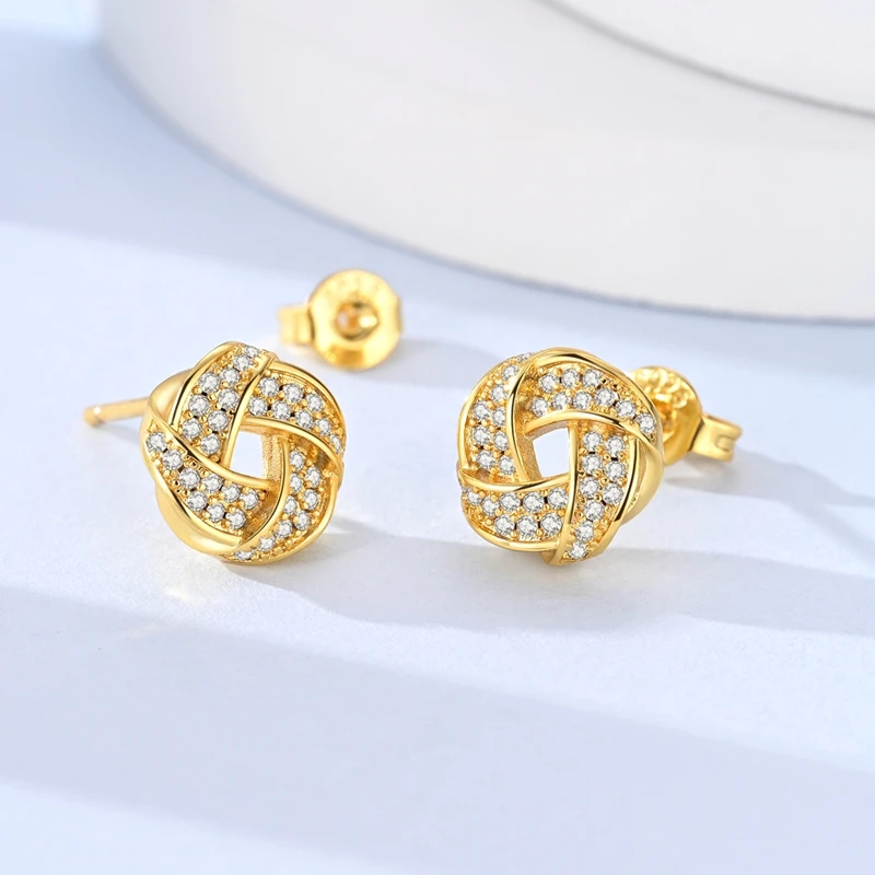 925 Sterling Silver Earrings Women Sparkling Gold Plated Twisted Knot Stud Earring For Anniversary Wedding Jewelry Gifts