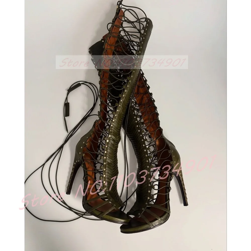 

Gladiator Green Strap Sandals Women Cross-tied Lace-up Weave Open Toe Rivet High Heels Shoes Female Sexy Party Knee High Sandals