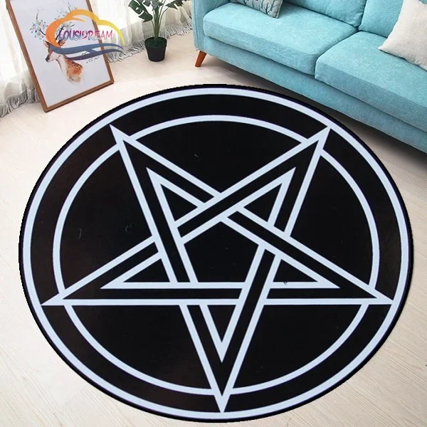 Pentacle Symbol Rug, Pentagram Patterned Round Carpet, Satan Devil\'s Trap, White on Black Supernatural Carpet