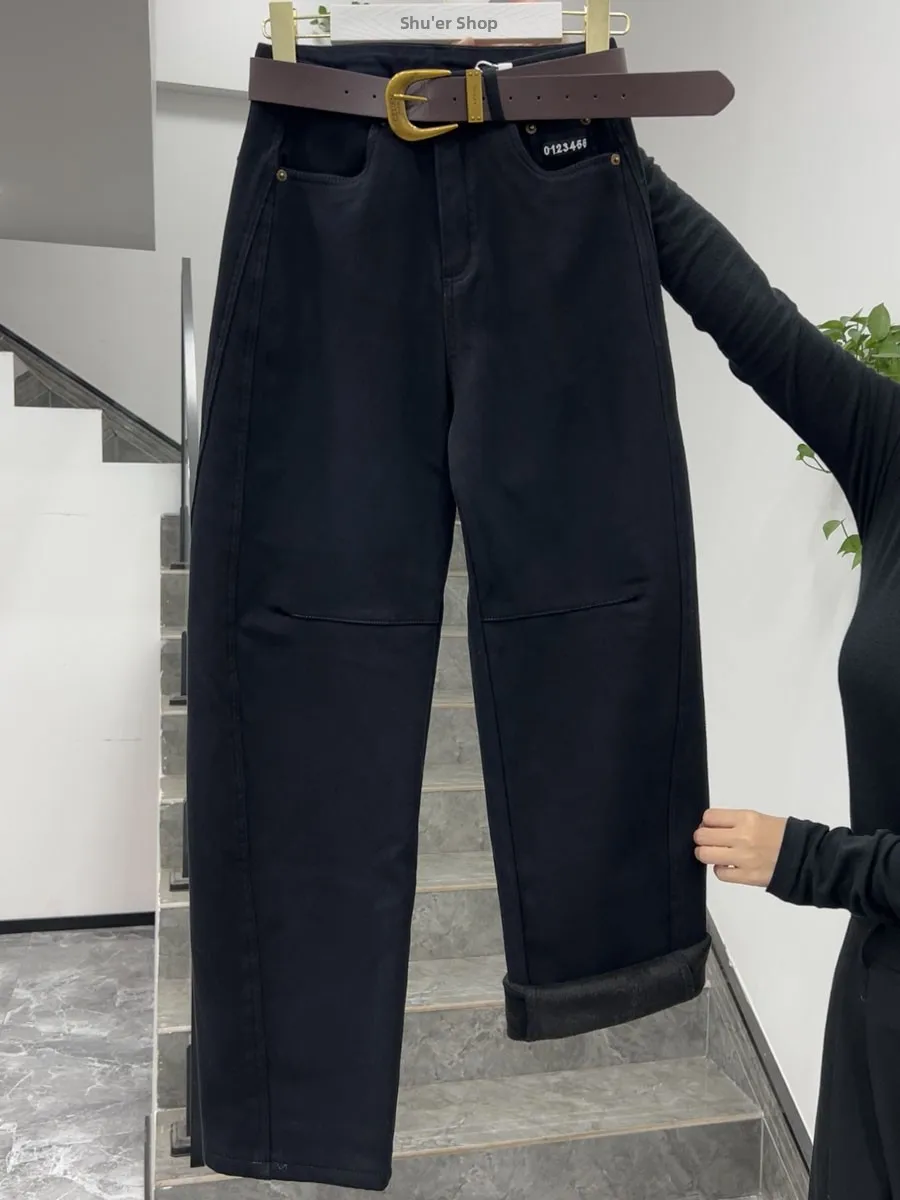 

Зимние джинсы Thiened Fce с высокой талией, прямые брюки с поясом, повседневные брюки для женщин больших размеров, теплые и стройнящие.