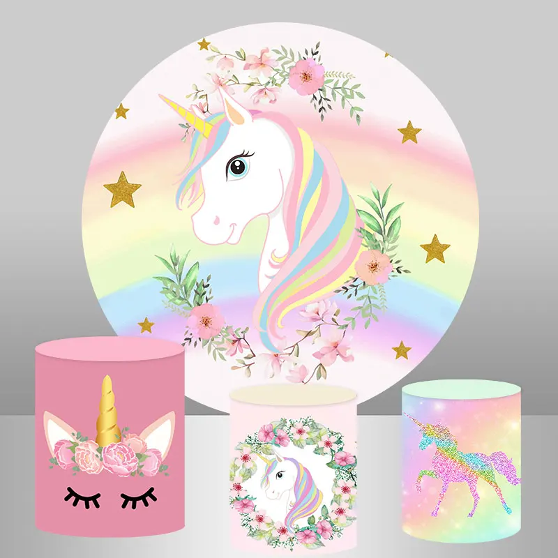 

Unicorn Theme Round Backdrop Cover Pink Rainbow Flowers Girls Newborn Baby Shower Birthday Party Background Plinth Covers