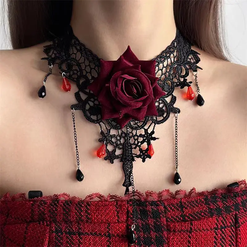 Dark Wind Halloween Lace Rose Tassel Necklace Sweet Cool Fashion Necklace