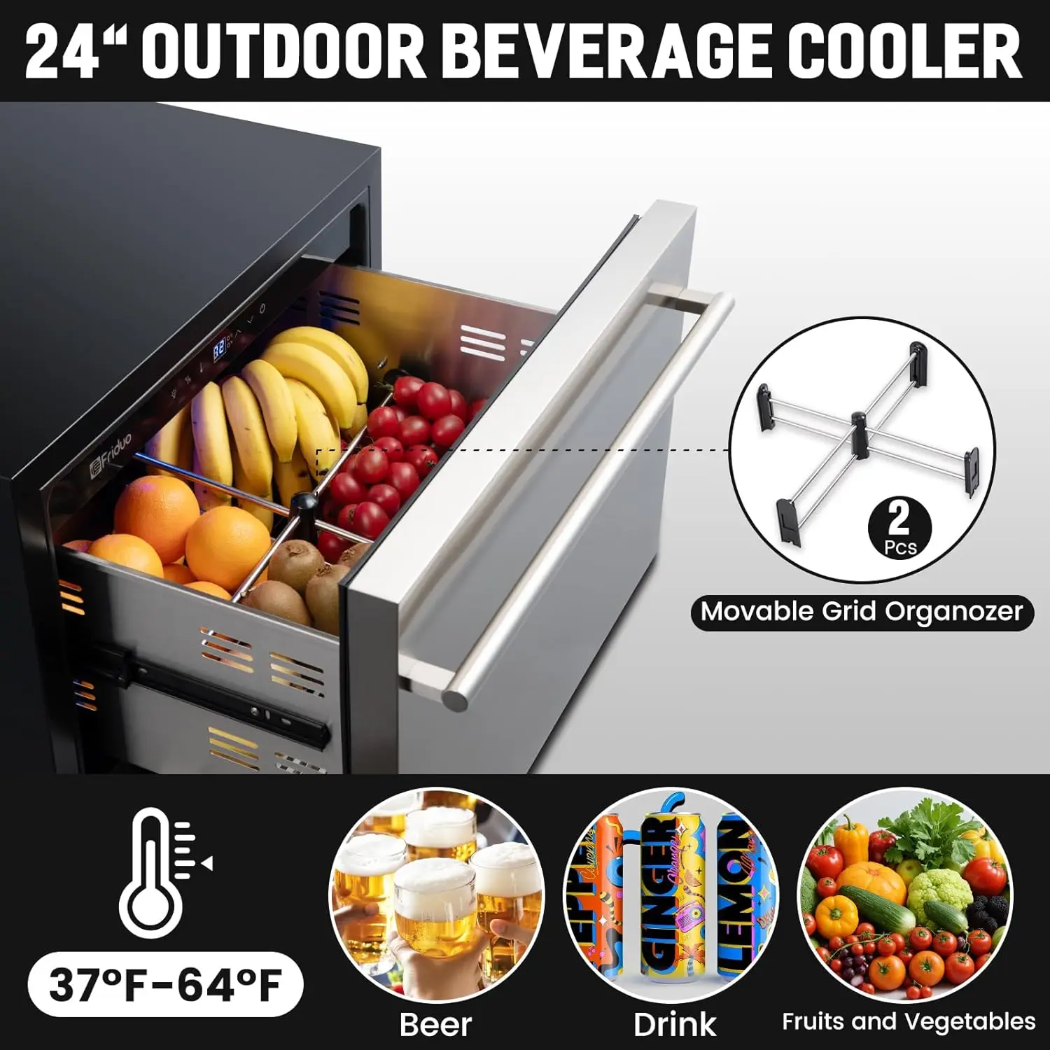 24 Drawer Beverage Refrigerator, Stainless Steel Door Dual Zone Drawer Fridge Under Counter Freestanding or Built-i