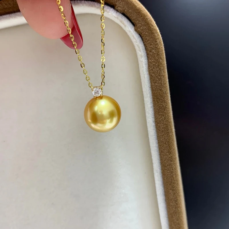 KUGG PEARL 18K Yellow Gold Necklace Shiny Diamond 10-11mm Natural South Sea Gold Pearl Pendant Necklace for Women Fine Jewelry