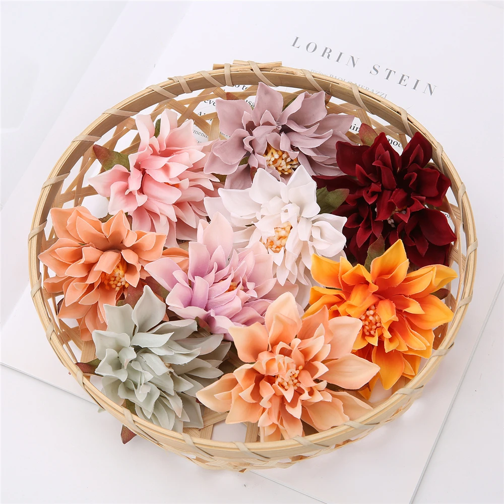 10Pcs Dahlia Flower Heads Artificial Flower For Home Decor Fake Flowers Wedding Party Wreath Silk Dahlia Crafts Gift Accessories