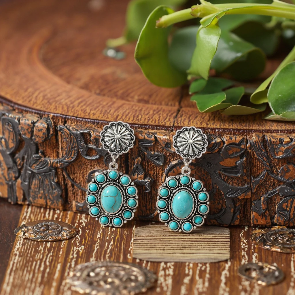 Pink Turquoise Earrings for Women Coral Western Dangle Earrings with Concho Stone - Turquoise Squash Blossom