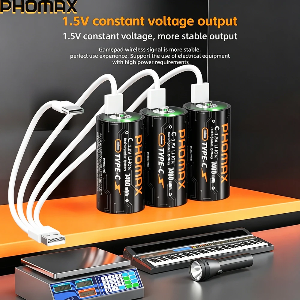

PHOMAX 1.5V 7400mWh C Size LR14 Li-po Rechargeable Battery Type-C Ultra-Fast Charging for Flashlight Gas Cooker Electronic Piano