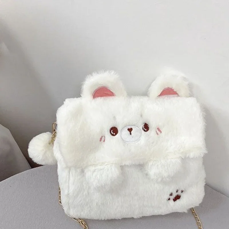 MBTI Cute Bear Shoulder Bag for Women Soft Fluffy Kawaii Versatile Trend Purse Winter Casual Girls Kid Solid Color Crossbody Bag