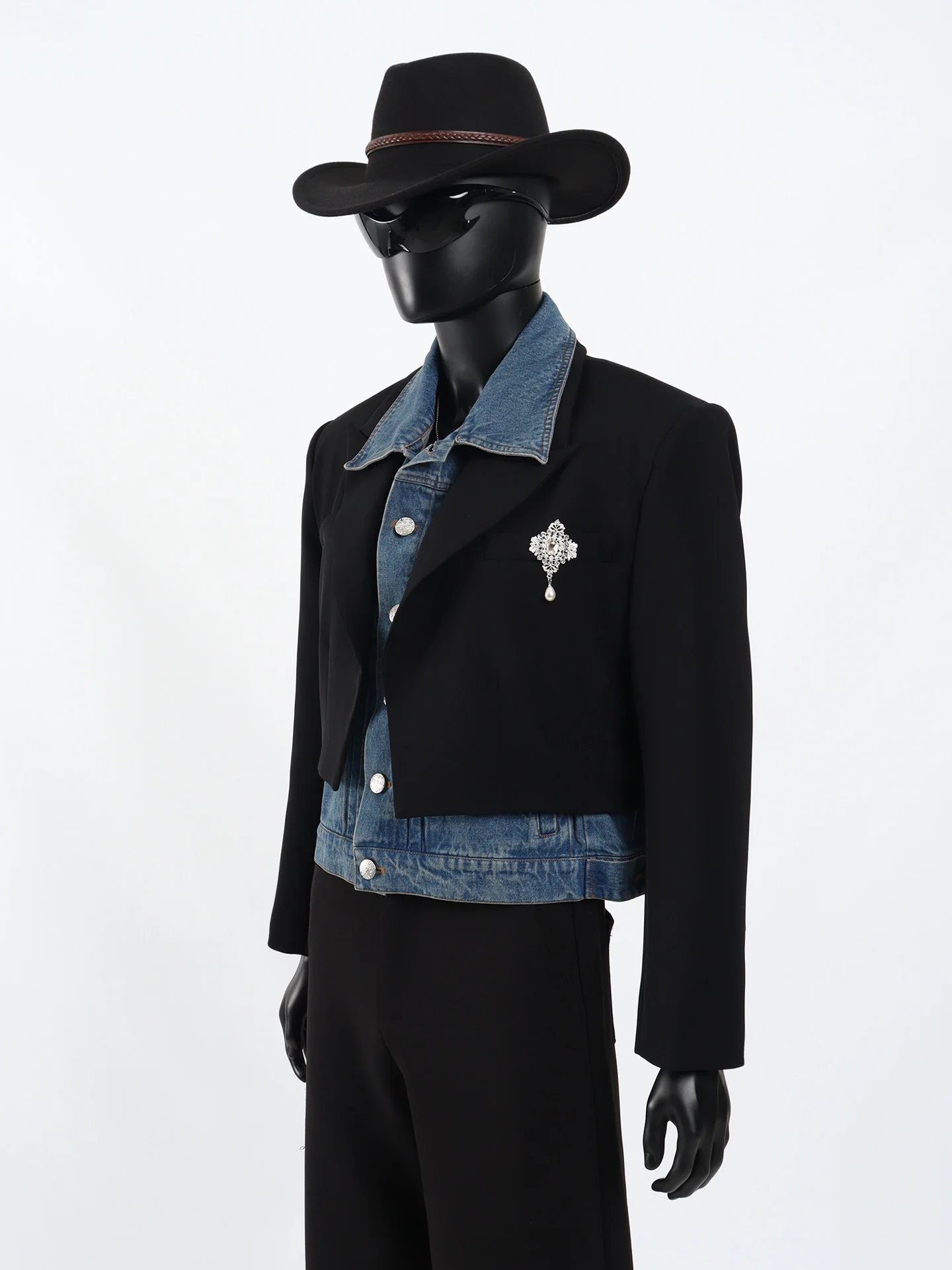 Starlit  Men's Denim Patchwork Short Suit Jacket Black Casual Style Autumn Fashion Sensation Fake Two-Piece Suit Coat