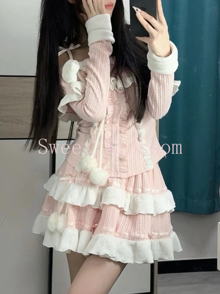 Korean Fashion Sweet Pink 2 Piece Set Women Bow Patchwork Top + Mini Cake Skirt New Pure Desire Slim Lovely Autumn Outfits 2025