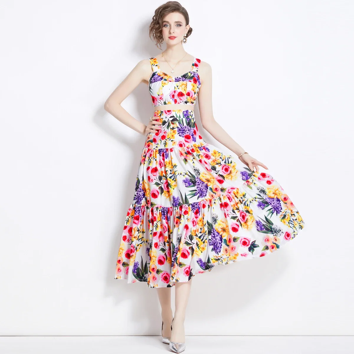 

2024 Women's Vintage Sleeveless Print Wrap Top Printed High-waisted Skirt Set Dress