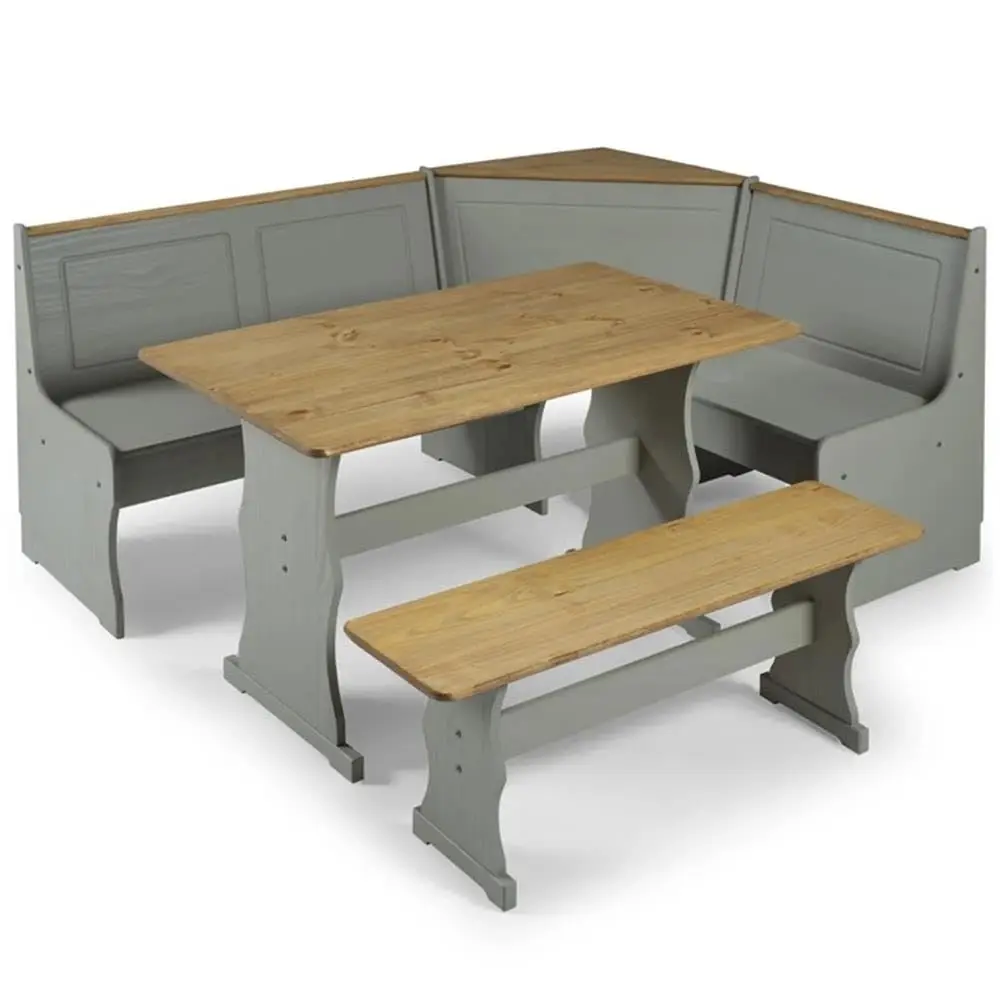 Farmhouse Solid Pine Corner Dining Booth, Gray Wash and Antique Brown Finish, Space-Saving Dining Set with Bench Seating
