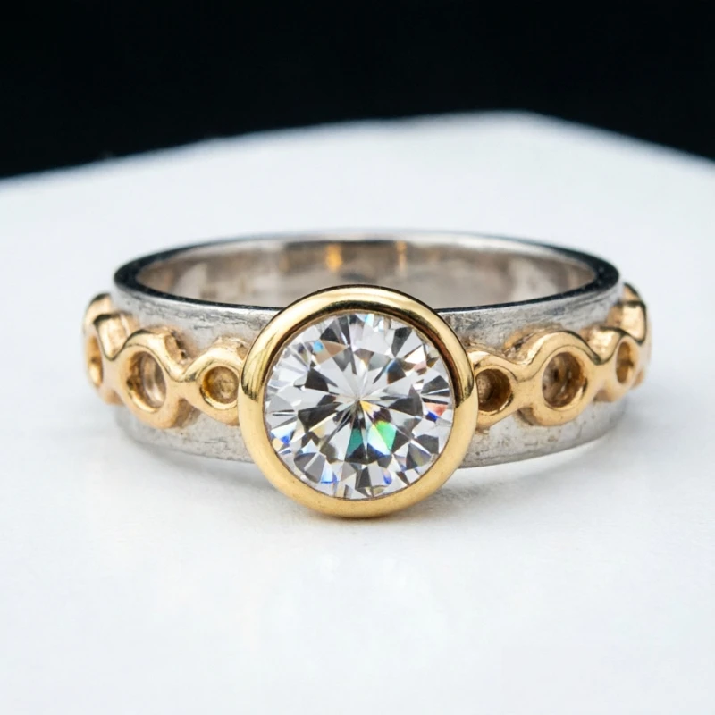 Fashion Simple Inlaid Round Shiny Synthetic Zirconia Two Tone Design Ring for Women Luxury Daily Banquet Commuting Jewelry Gifts