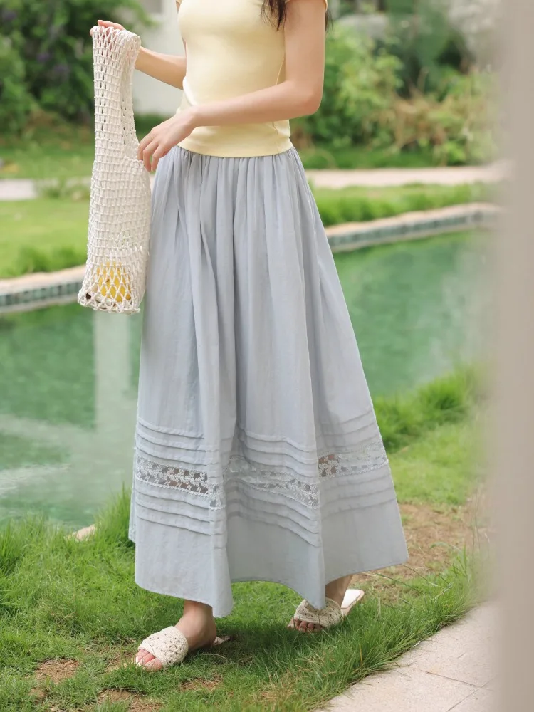 Blue Lace Patchwork Midi Skirt Women Summer High Waist A-Line Skirt Flowy Big Hem Skirt Hip Coverage Slim Look Casual Chic Style