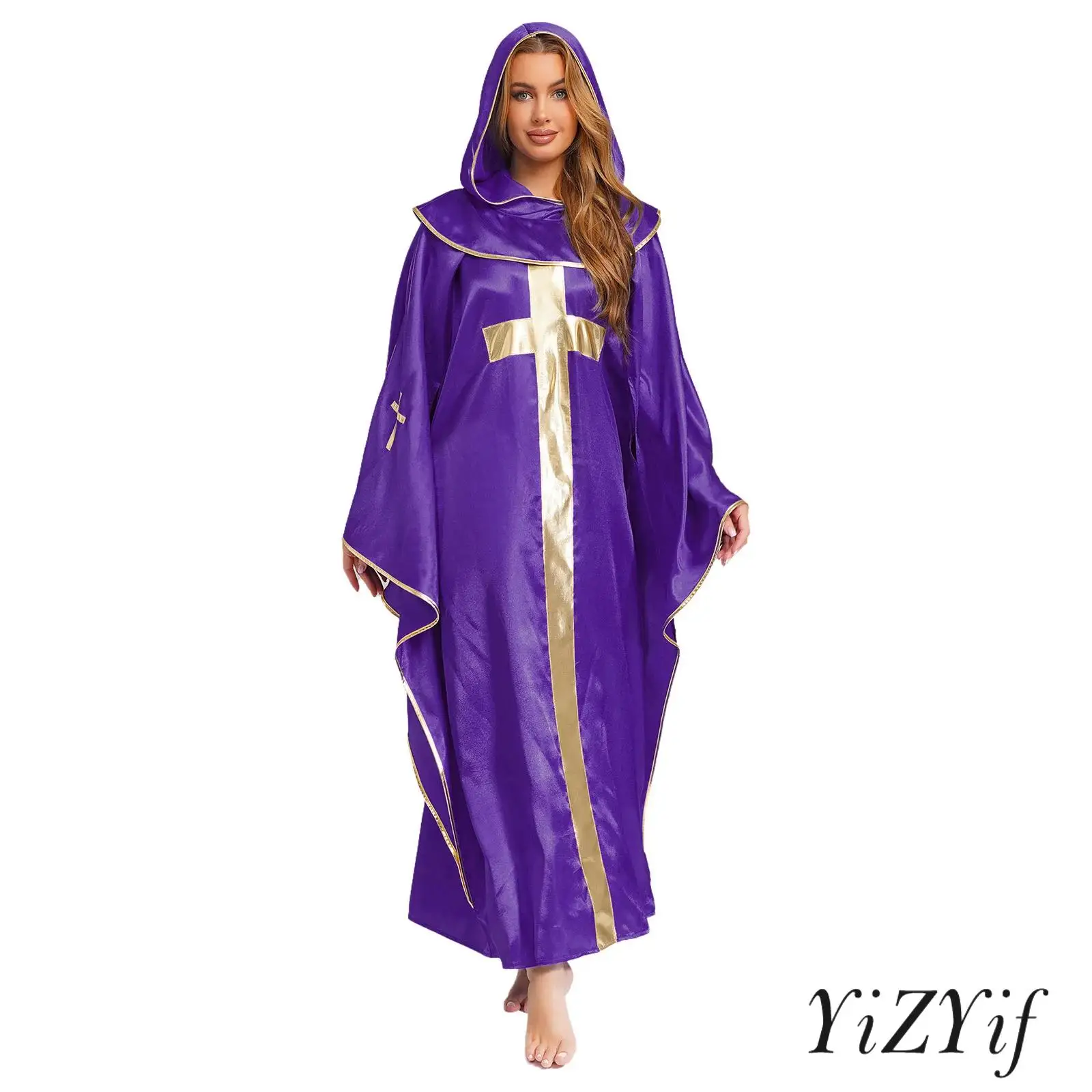 

Womens Mens Hooded Clergy Robe Shiny Metallic Patchwork Gold Cross Costume for Priest Halloween Cosplay Events Theme Parties