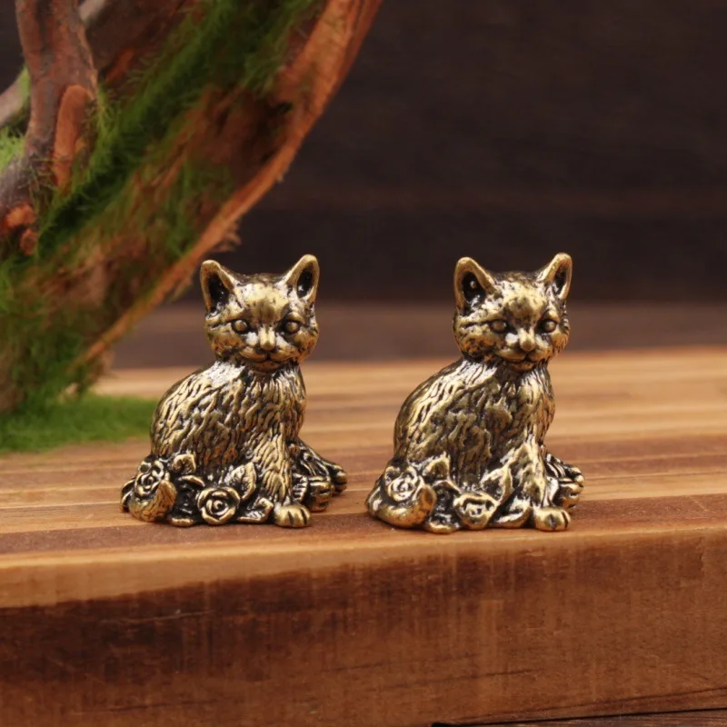 1pcs Brass Cute Rose Kitten Statue Cat Vitntage Animal Figurine Miniatures Desk Decorations Home Decoration Accessories