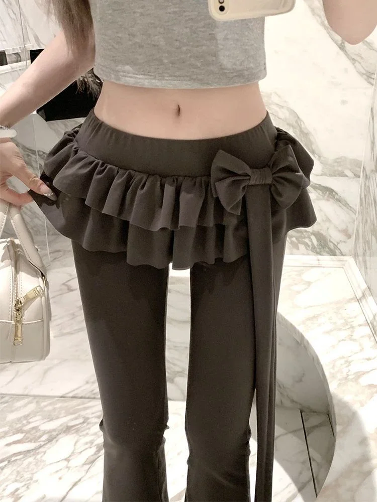 Y2K Bow Ruffles Flare Pants Women Sexy Low Waist Slim Fit Casual Skirt Pants Autumn Winter Streetwear Coquette Trousers