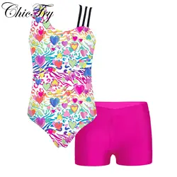 Kids Girls Ballet Dance Sets Sports Gymnastics Workout Dancewear Outfits Printed Leotard with Boxer Shorts Stage Dance Costume