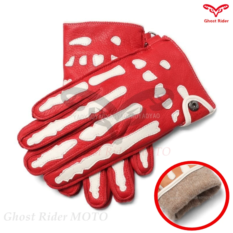 Full finger deerskin bone thickened and wool leather motorcycle gloves car driving gloves red