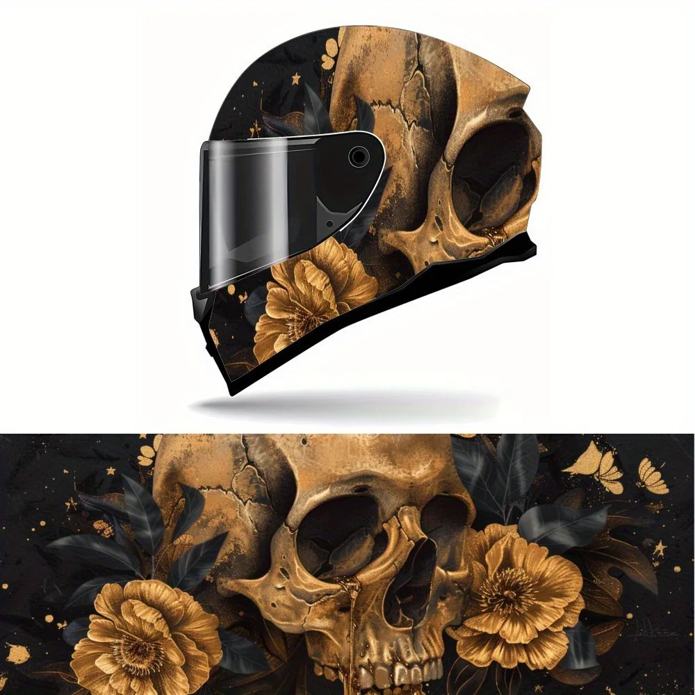 

Виниловая пленка для мотоциклетного шлема из ПВХ с золотым черепом и цветами, самоклеящаяся водонепроницаемая наклейка, декоративная пленка против царапин для всего