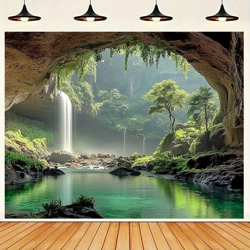 Cave Waterfall Green Forest River Landscape Tapestry 2DFlat Nature Scenery Wall Hanging for Living Room Bedroom Home DecorFabric