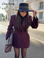 Elegant Burgundy Waist Up Blazer Women Lapel Shoulder Pads Single Breasted Full Sleeve Suit Jackets 2025 Lady Commute Coat New