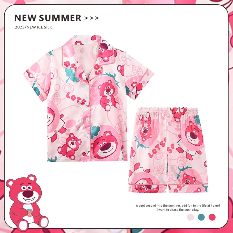 Summer Children\'s Pajamas Girl\'s Short Sleeved Ice Silk Cartoon Cute Middle and Large Children\'s Home Clothing Set