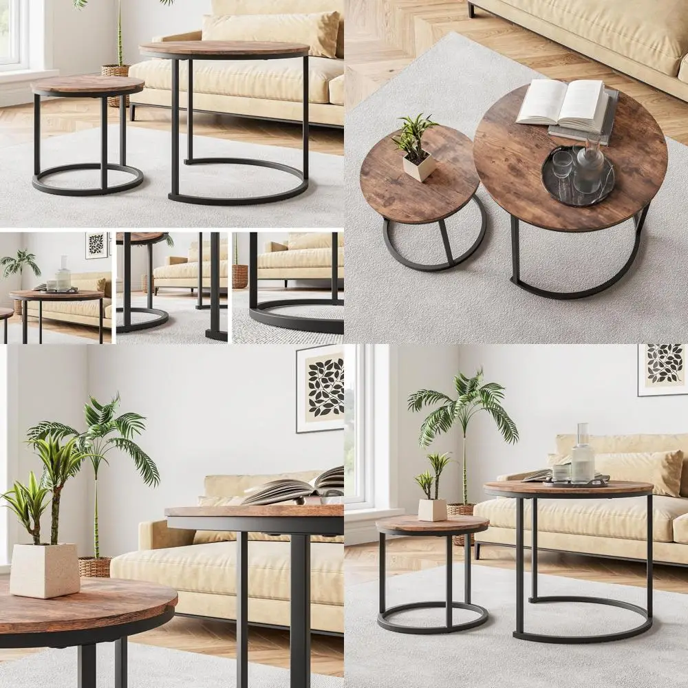 

Black Nesting Coffee Tables Set of 2 for Living Room, Metal and Wood, Sturdy, Easy Assembly, Stackable Side Tables, Rustic Brown