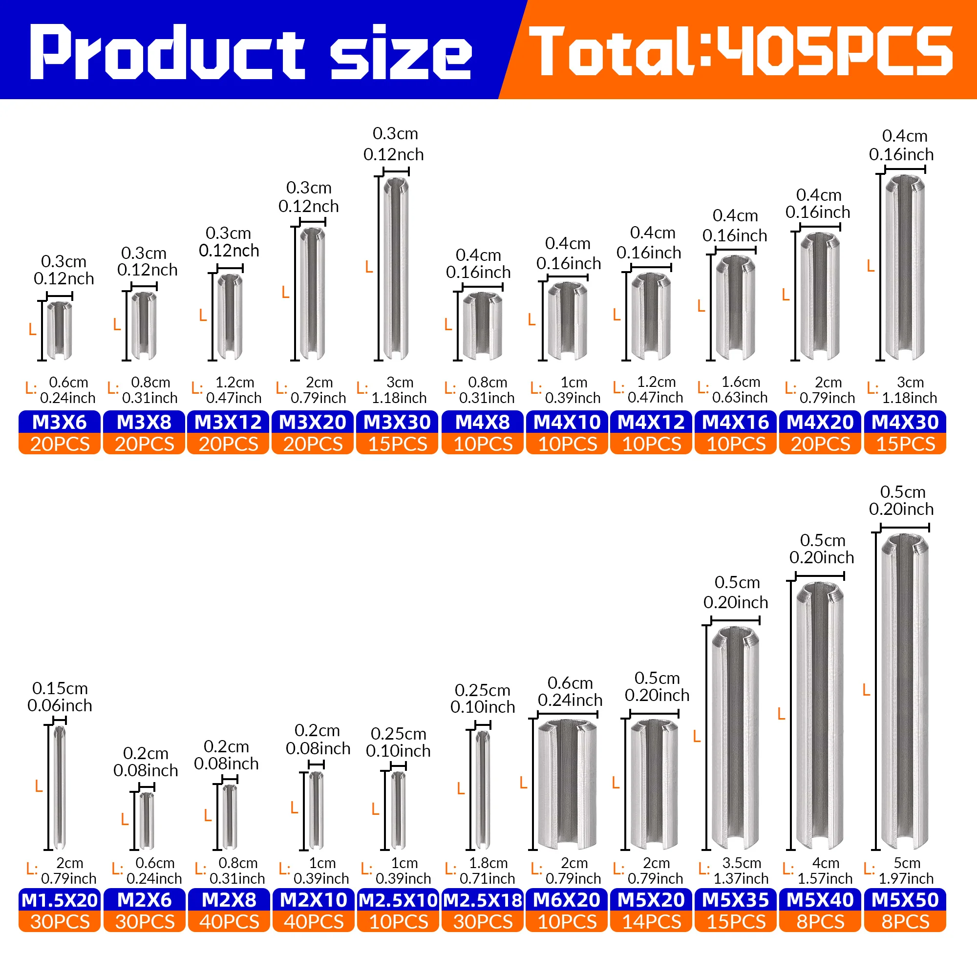 405Pcs 304 Stainless Steel SAE Spring Pin Assortment Kit, Heavy Duty Split Pins, Flexible Locking Fasteners for Machinery