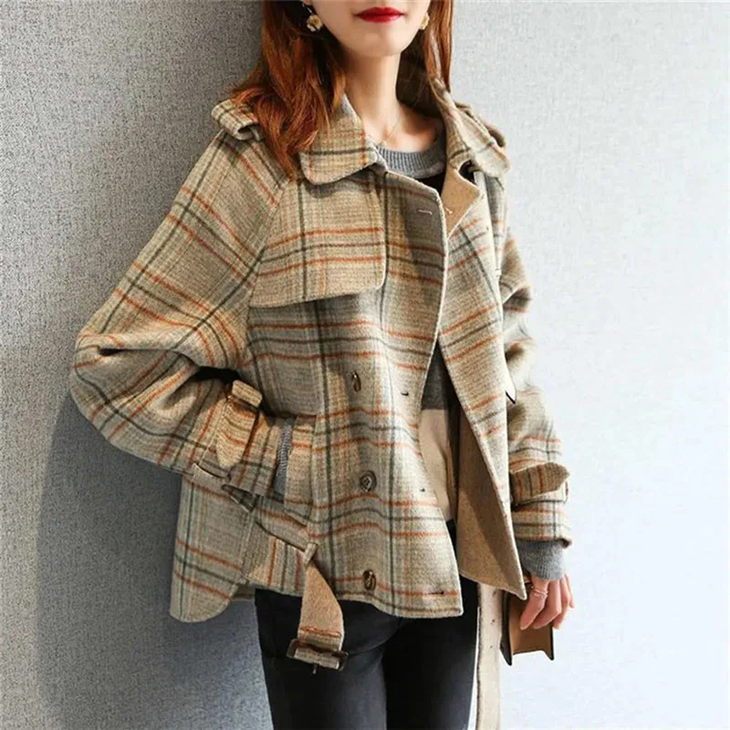 Imitation Cashmere Jacket 2024 Spring Autumn Loose Double-Breasted Plaid Woolen Coat Winter Wool Coats Female Fashion Outwear