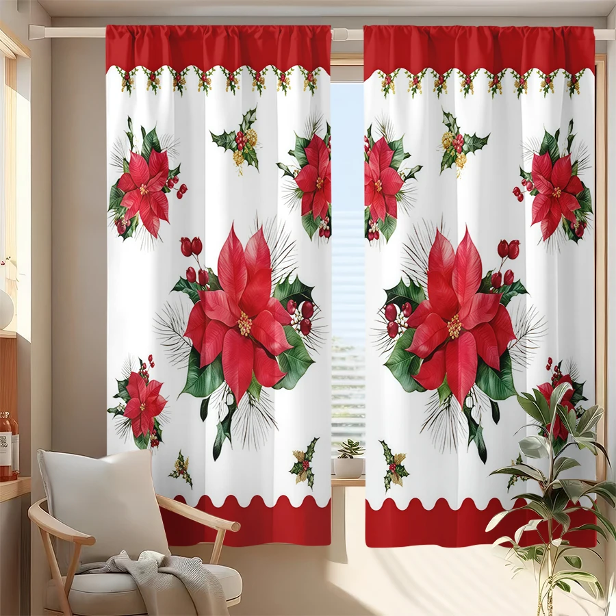 2PCS Christmas Red Flower Curtains, Poinsettia Holiday Print, Winter Festive Window Drapes for Living Room Bedroom Home Decor