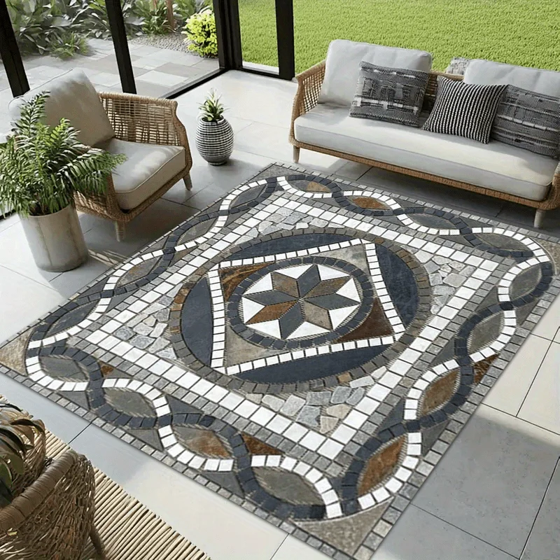 1pc Bohemian Vintage Marble Pattern Outdoor Mat,Soft Non-Slip Polyester Rug with Golden Diamond Velvet Material Machine Washable