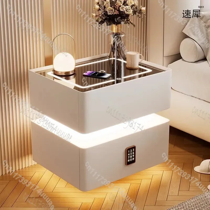 For 40cm Smart Nightstand with Sensor Light Compact Lockable Solid Wood Bedside Table Modern Style Storage Cabinet for