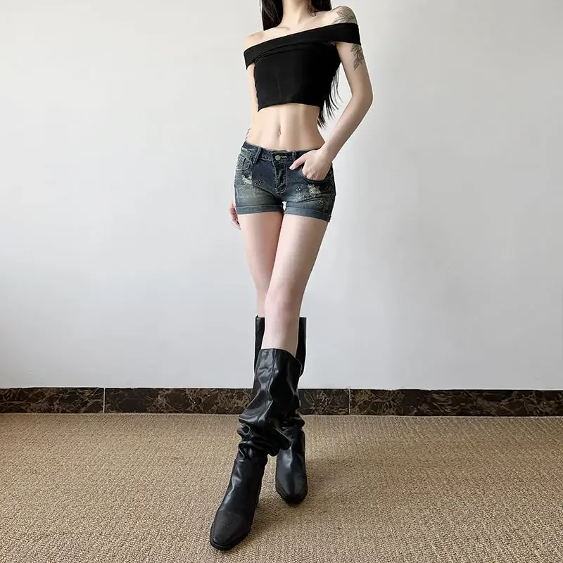 Américain rétro trou diamant fille chaude Y2k Denim Shorts femmes 2025 été Sexy taille basse pantalons courts Vintage Streetwear jean