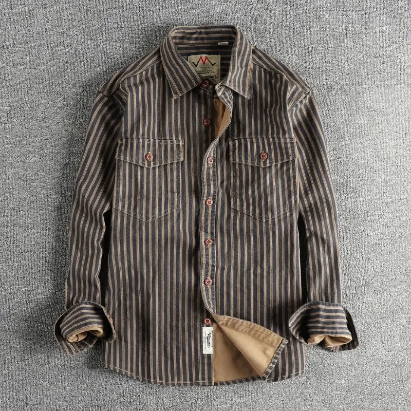 Spring and Autumn New Casual Workwear Jacket Tops Retro Trendy Striped Design Loose Long-sleeved Shirt