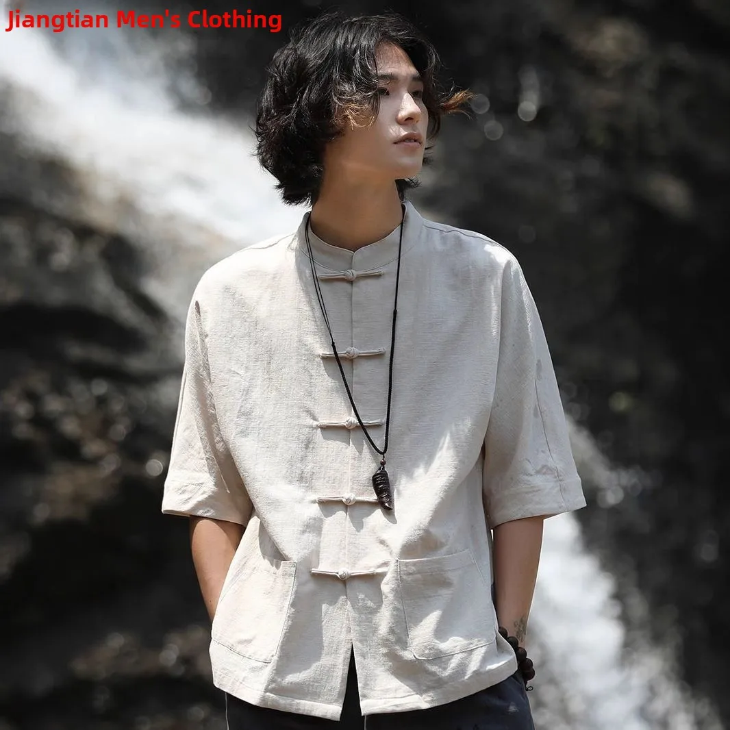 

Tang Costume Hanfu Men's Trendy Retro Cotton Linen ort Sve Stand Collar irt Chinese Sle Zhongan Casual Wear